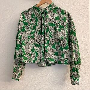 C&C California Shirt Women Large Green White Linen Crop Tropical Floral size L